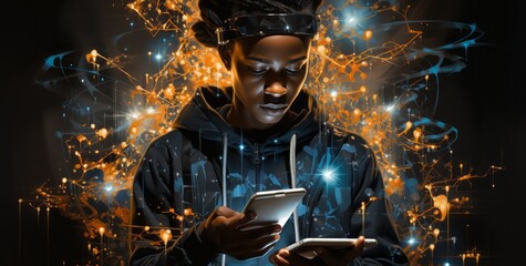 A person using a digital device surrounded by data. Generative AI.