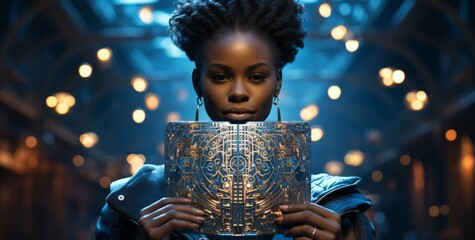 A person using a digital device surrounded by data. Generative AI.