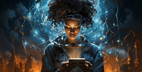 A person using a digital device surrounded by data. Generative AI.