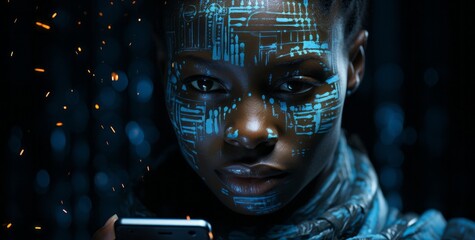 A person using a digital device surrounded by data. Generative AI.