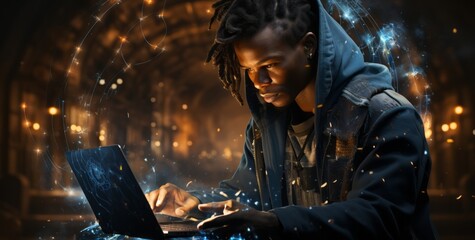 A person using a digital device surrounded by data. Generative AI.