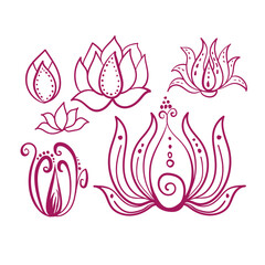 lotus abstract floral set rangoli indian vector design element hand drawn isolated doodle