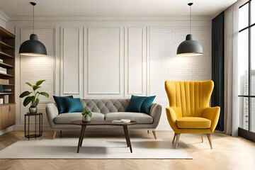 Living room interior wall mock up with yellow armchair on empty cream color wall background. Template