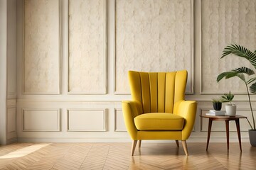 Living room interior wall mock up with yellow armchair on empty cream color wall background.