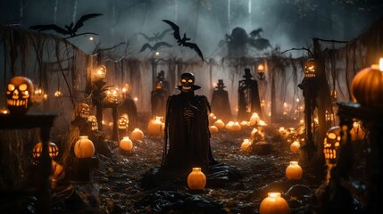 Creepy pumpkin cemetery with inscribed 'RIP' pumpkins and eerie ambiance