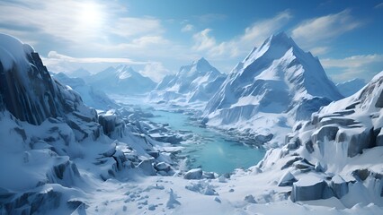 Snow Covered Mountain Peaks With A Baby Blue Lake