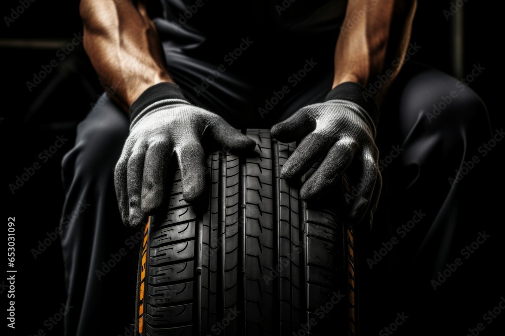 Wall mural New car tires and the hands of a master. Background with selective focus and copy space