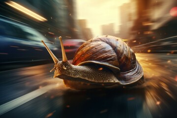A snail running at high speed with motion blur. Background with selective focus and copy space - Powered by Adobe