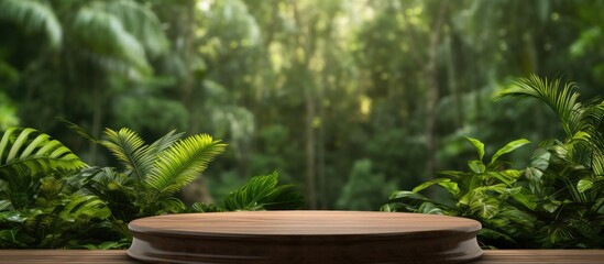 wooden podium in tropical forest with green backdrop for presenting a product