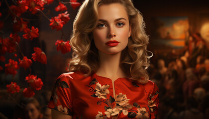 Fototapeta premium A beautiful young woman with blond hair and elegant fashion generated by AI