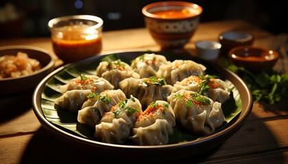 A steamed dumpling meal, a gourmet appetizer with fresh pork generated by AI