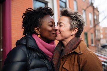 Diverse interracial lesbian middle aged couple kissing outside of their home - Powered by Adobe