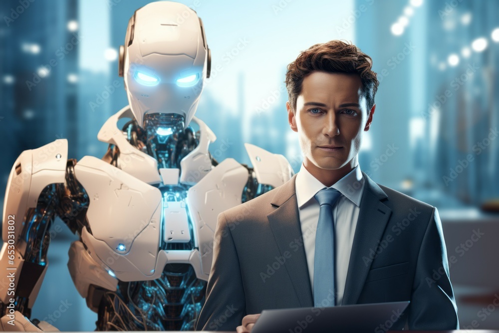 Poster the concept of futuristic robots in the life of a modern person. background with selective focus