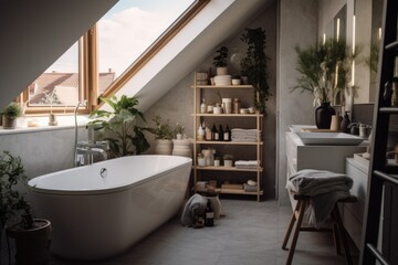 Interior of a modern and contemporary minimalistic bathroom with plenty of natural light coming through a big window