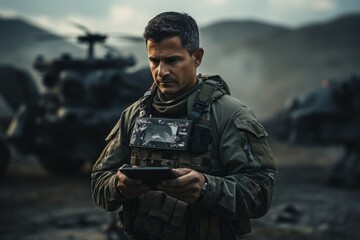 Military drone operator. Background with selective focus and copy space - obrazy, fototapety, plakaty