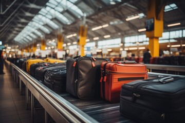 Baggage and suitcases on an airport terminal conveyor belt - obrazy, fototapety, plakaty