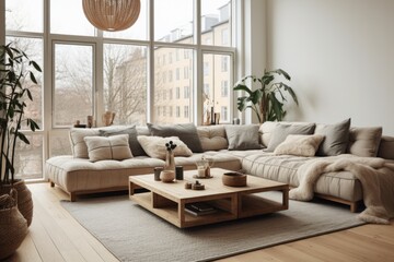 Interior of a cozy modern living room in a contemporary nordic design living room