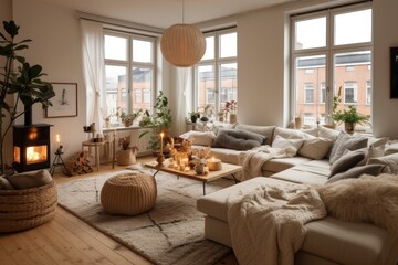 Fototapeta na wymiar Interior of a cozy modern living room in a contemporary nordic design living room