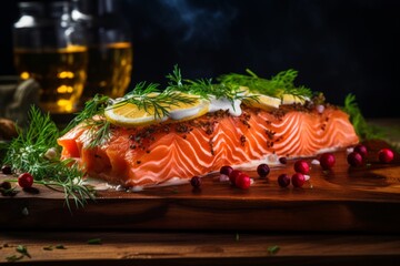 Captivating Close-Up Revealing the Exquisite Delicacy of Salmon Gravlax, a Traditional Finnish Dish