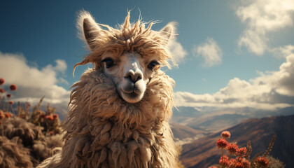A cute alpaca smiles, its fluffy wool blending with nature generated by AI