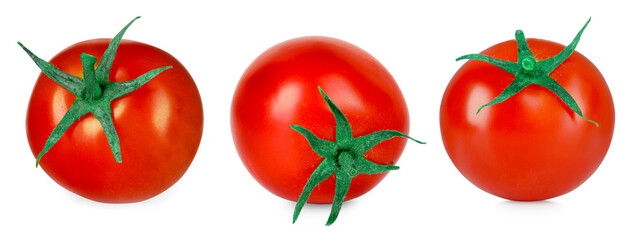 Set with fresh ripe cherry tomatoes isolated on white