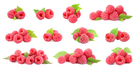 Set with fresh ripe raspberries and green leaves isolated on white