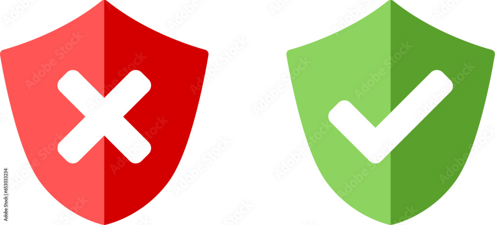 Poster shield green and red safe and unsafe security icon set with checkmark and x cross signs with shadow 