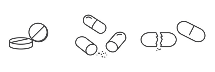 Set of medicines icons. Capsules, pills, powders and tablet. Pharmacological Medications Dosage Outline Cliparts. Disease Treatment Prescription Pictograms Collection. Medical Therapy Vector Design. - obrazy, fototapety, plakaty
