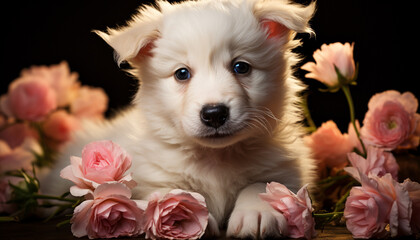 Fluffy puppy sitting, looking at camera, surrounded by pink flowers generated by AI