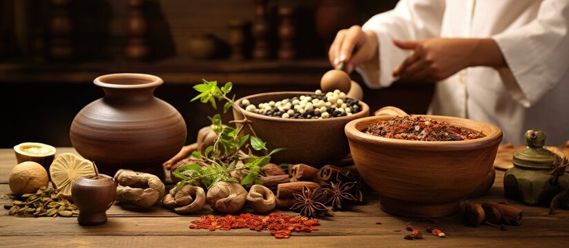 Chinese traditional medicine advertised with herbal and spicy visuals using a traditional kettle on a brown wooden background