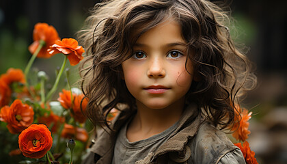 Smiling girl with curly brown hair, innocence in nature beauty generated by AI