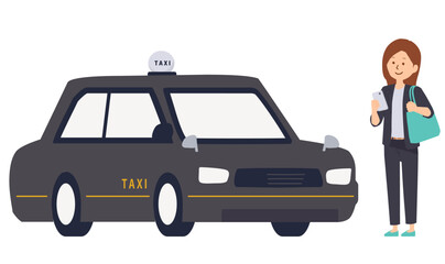 スマホアプリでタクシーを呼ぶ会社員のイラスト