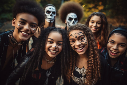 Halloween party. Interracial group of kids wearing halloween costumes and smiling