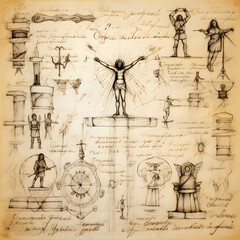 Page composition inspired by Leonardo da Vinci's Vitruvian Man, background sketches and scientific illustrations, pen and ink on parchment paper, handrawn, doodles