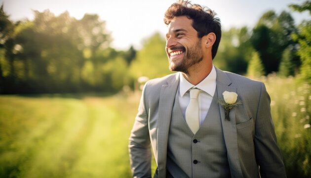 Candid photo of a joyful groom at an outdoor wedding, 
