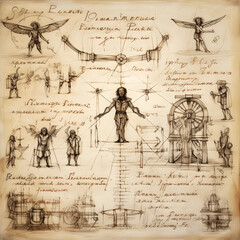 Page composition inspired by Leonardo da Vinci's Vitruvian Man, background sketches and scientific illustrations, pen and ink on parchment paper - obrazy, fototapety, plakaty