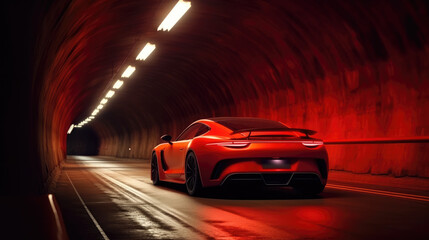 Back view of red sports car passing through a tunnel