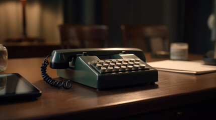 Closeup shot of an old vintage telephone on a wooden table - obrazy, fototapety, plakaty