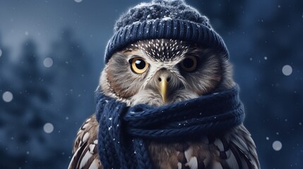 Owl keeps itself warm during the Winter Season - obrazy, fototapety, plakaty