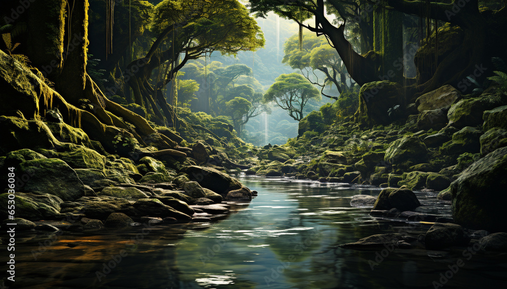 Wall mural Tranquil scene tropical rainforest, flowing water, mysterious old stone generated by AI