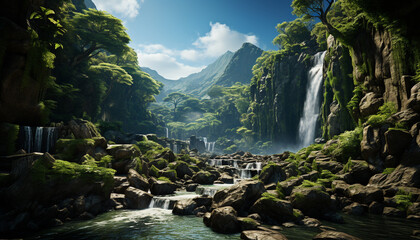 Naklejka na ściany i meble Majestic mountain range, tranquil scene, falling water, natural beauty generated by AI