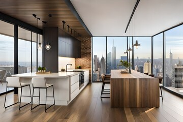 Stylish kitchen corner with white and brick walls, wooden floor, beige countertops with built in sink and stove, white cabinets and picture with New York cityscape. Template
