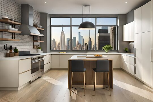 Stylish kitchen corner with white and brick walls, wooden floor, beige countertops with built in sink and stove, white cabinets and picture with New York cityscape