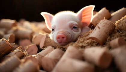 Cute piglet on farm, sleeping in mud, surrounded by nature generated by AI