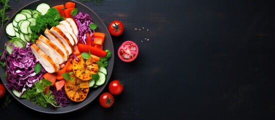 Wholesome salad with chicken and assorted vegetables on a dark background Balanced diet Flat lay