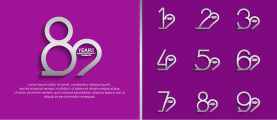 set of anniversary logo silver color on purple background for celebration moment