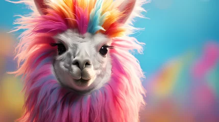 Selbstklebende Fototapeten a cute and fluffy llama with a rainbow-colored woolly coat © Asep
