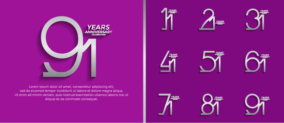 set of anniversary logo silver color on purple background for celebration moment