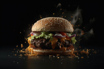 Closeup shot of a juicy exploding hamburger with a black background