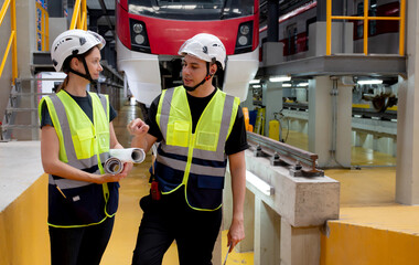 Young caucasian engineer man and woman meeting and checking electric train for planning maintenance in station, transport and infrastructure, inspector talking and check service transport.
